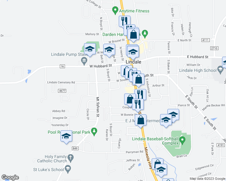 map of restaurants, bars, coffee shops, grocery stores, and more near 300 Hilltop Street in Lindale