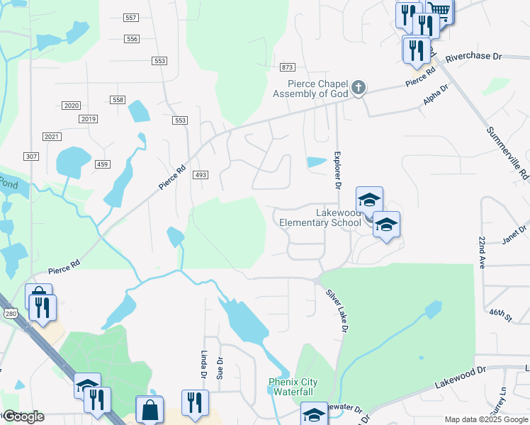 map of restaurants, bars, coffee shops, grocery stores, and more near 39 Maggy Court in Phenix City