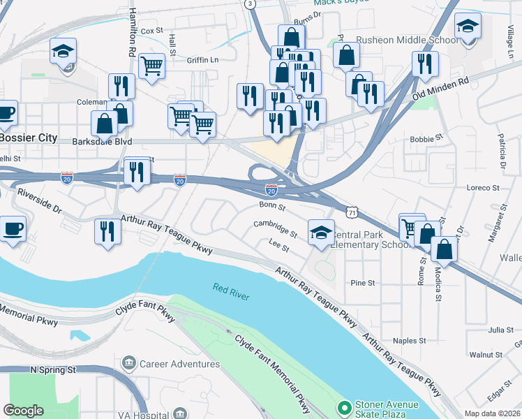 map of restaurants, bars, coffee shops, grocery stores, and more near 1834 Bonn Street in Bossier City