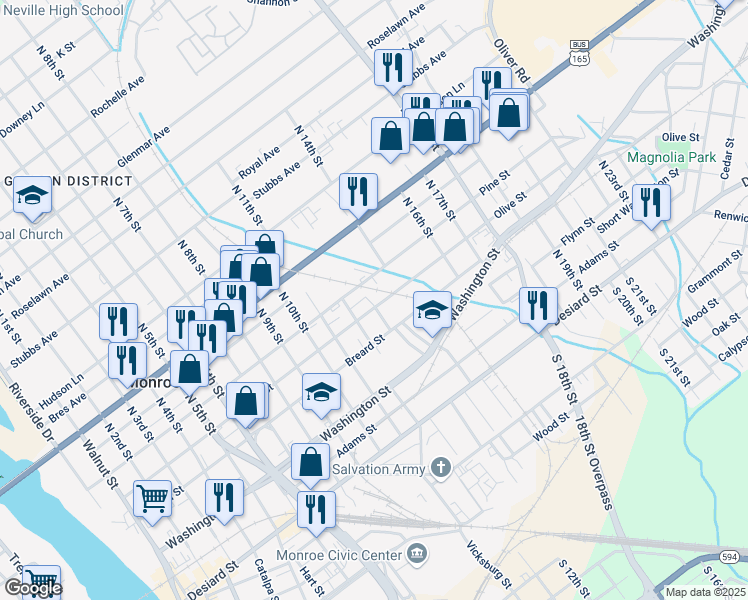map of restaurants, bars, coffee shops, grocery stores, and more near 1303 Olive Street in Monroe