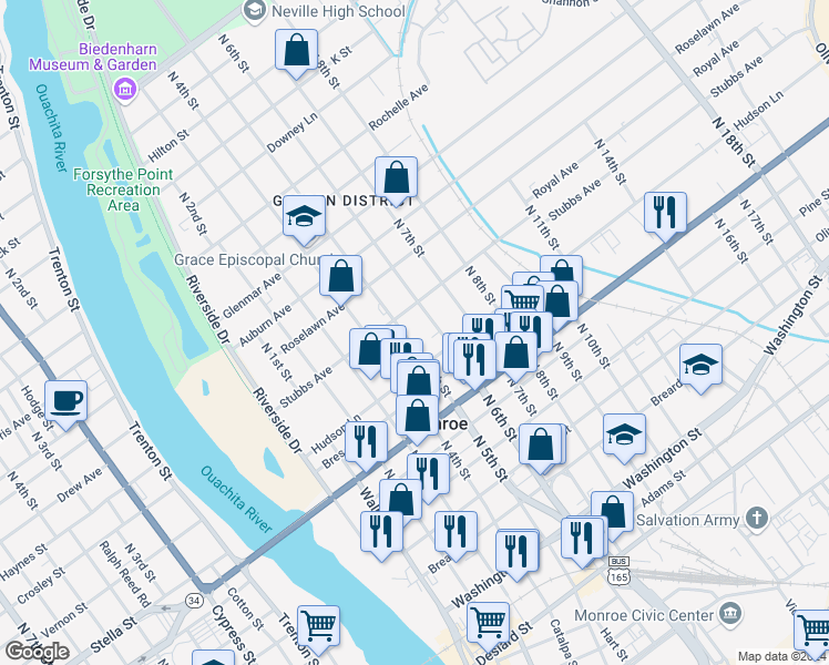 map of restaurants, bars, coffee shops, grocery stores, and more near 1015 North 6th Street in Monroe