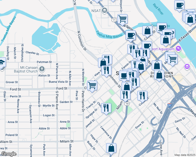 map of restaurants, bars, coffee shops, grocery stores, and more near in Shreveport