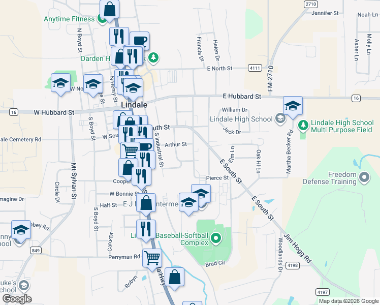 map of restaurants, bars, coffee shops, grocery stores, and more near 407 South Baker Street in Lindale