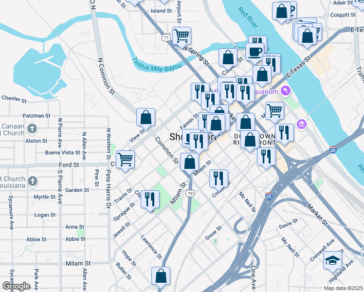 map of restaurants, bars, coffee shops, grocery stores, and more near Travis Street in Shreveport