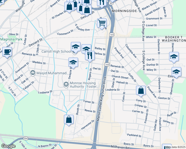 map of restaurants, bars, coffee shops, grocery stores, and more near 1400 Rogers Street in Monroe
