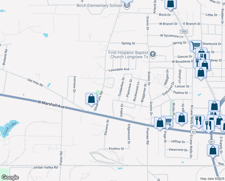map of restaurants, bars, coffee shops, grocery stores, and more near 503 Timberline Drive in Longview