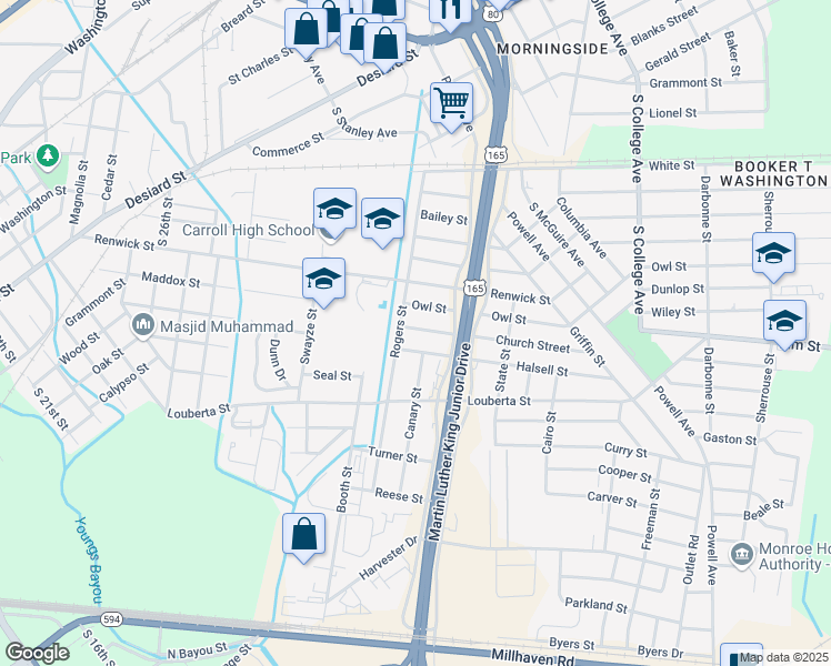 map of restaurants, bars, coffee shops, grocery stores, and more near 1400 Rogers Street in Monroe