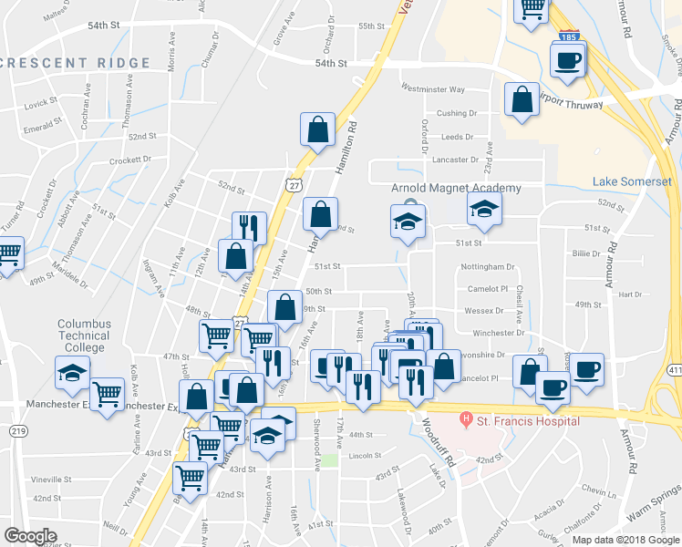 map of restaurants, bars, coffee shops, grocery stores, and more near 1714 51st Street in Columbus