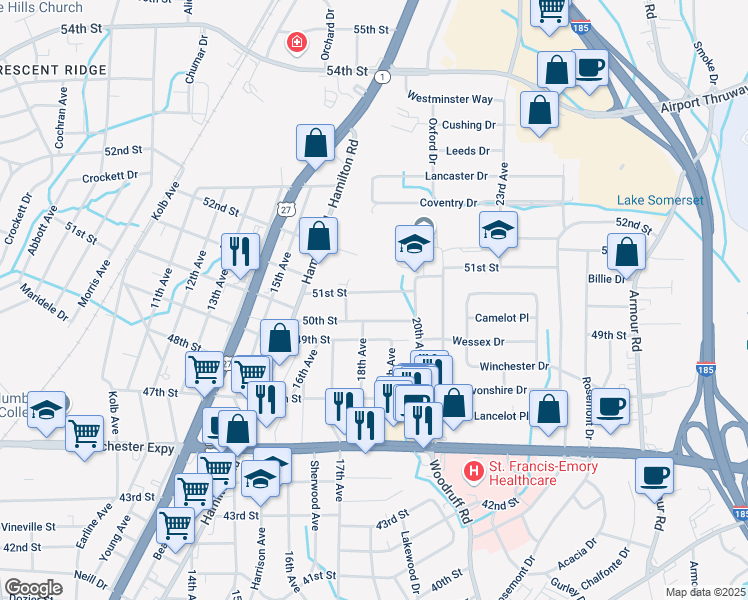 map of restaurants, bars, coffee shops, grocery stores, and more near 1902 51st Street in Columbus