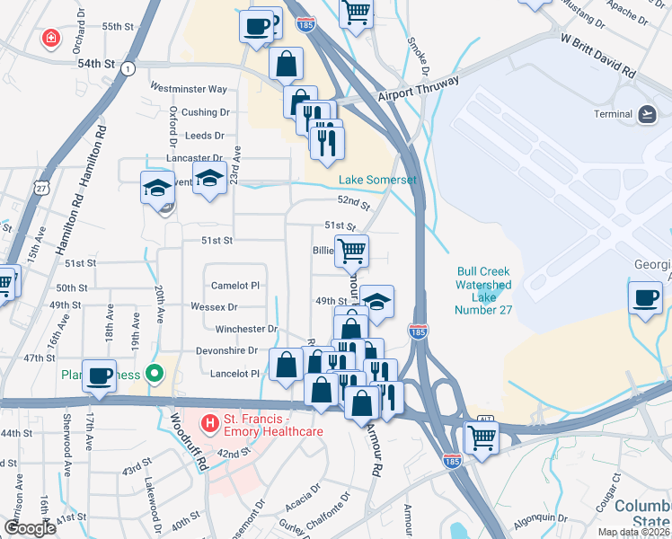 map of restaurants, bars, coffee shops, grocery stores, and more near 5013 Armour Road in Columbus