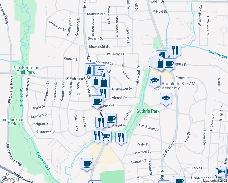 map of restaurants, bars, coffee shops, grocery stores, and more near 508 Glenhaven Drive in Longview