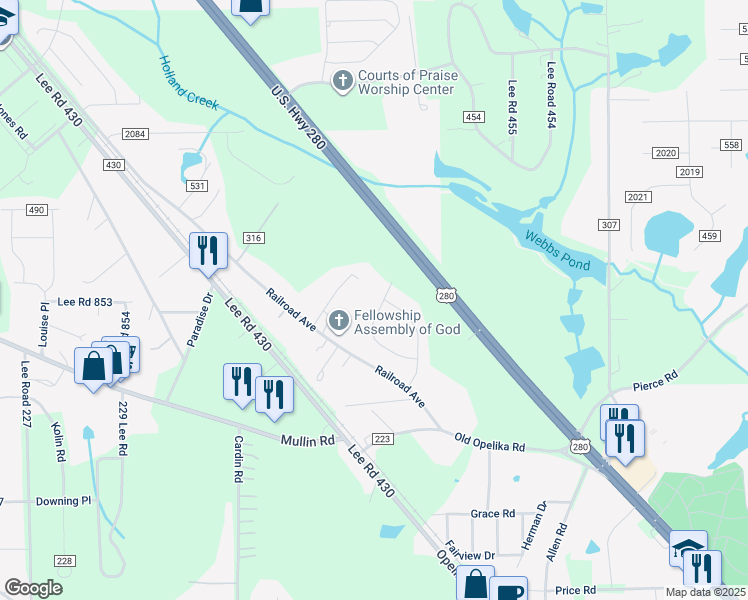 map of restaurants, bars, coffee shops, grocery stores, and more near 211 Lee Road 423 in Smiths Station