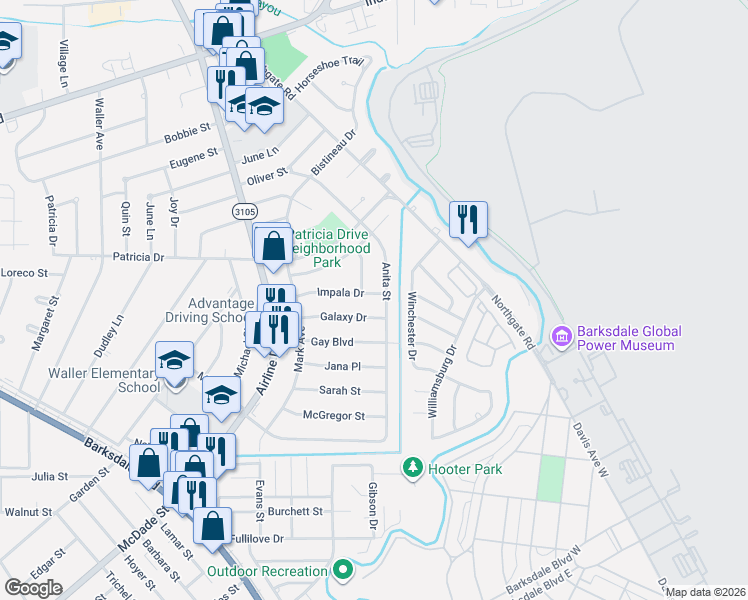 map of restaurants, bars, coffee shops, grocery stores, and more near 1418 Anita Street in Bossier City