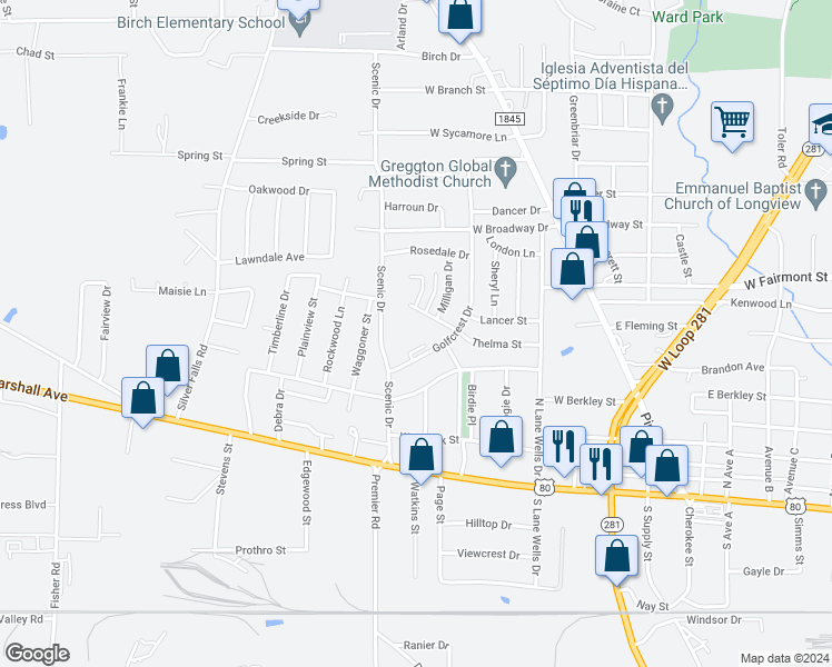 map of restaurants, bars, coffee shops, grocery stores, and more near 502 Scenic Drive in Longview