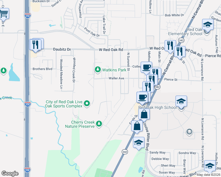 map of restaurants, bars, coffee shops, grocery stores, and more near 111 South Valley Street in Red Oak