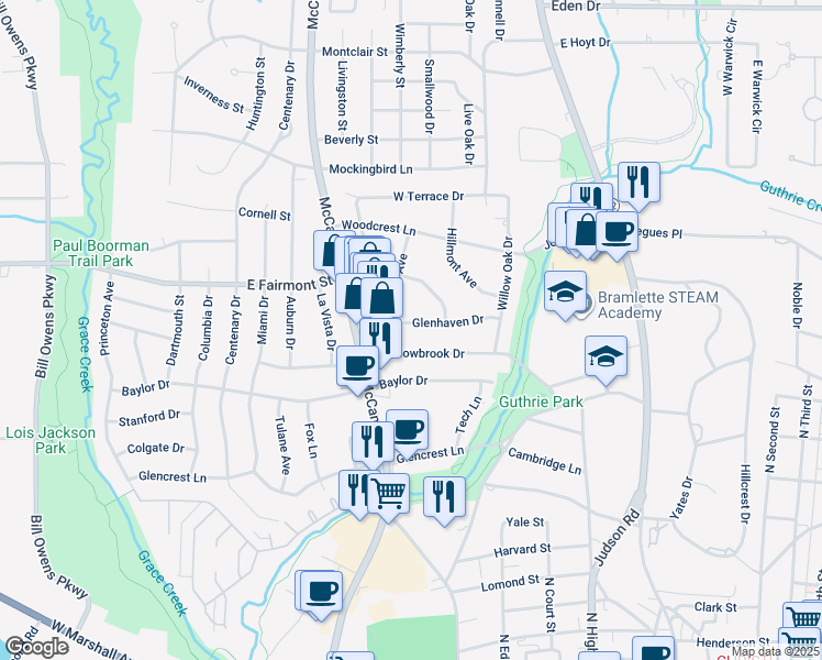 map of restaurants, bars, coffee shops, grocery stores, and more near 508 Glenhaven Drive in Longview