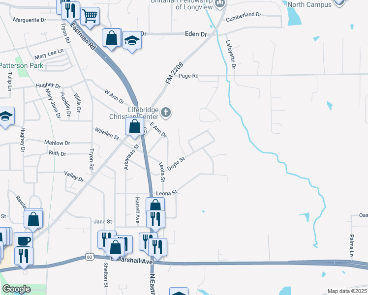 map of restaurants, bars, coffee shops, grocery stores, and more near 100 Dossey Street in Longview