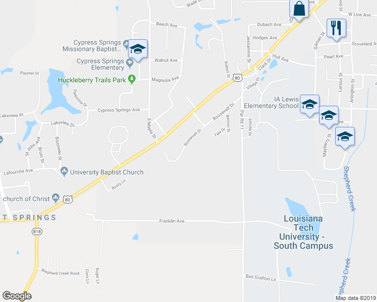 map of restaurants, bars, coffee shops, grocery stores, and more near 1911 Roosevelt Drive in Ruston