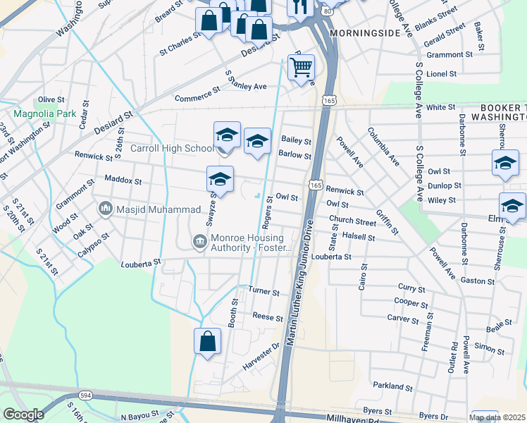 map of restaurants, bars, coffee shops, grocery stores, and more near 1400 Rogers St in Monroe