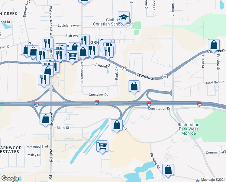 map of restaurants, bars, coffee shops, grocery stores, and more near 155 Paula Drive in West Monroe