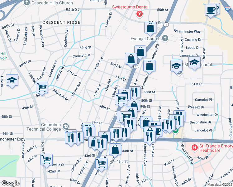 map of restaurants, bars, coffee shops, grocery stores, and more near 4926 13th Avenue in Columbus