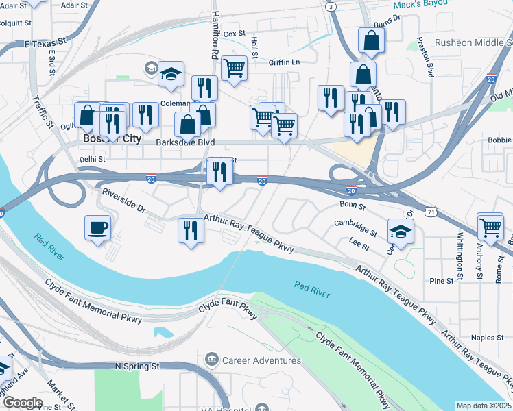 map of restaurants, bars, coffee shops, grocery stores, and more near 222 Westerfield Street in Bossier City