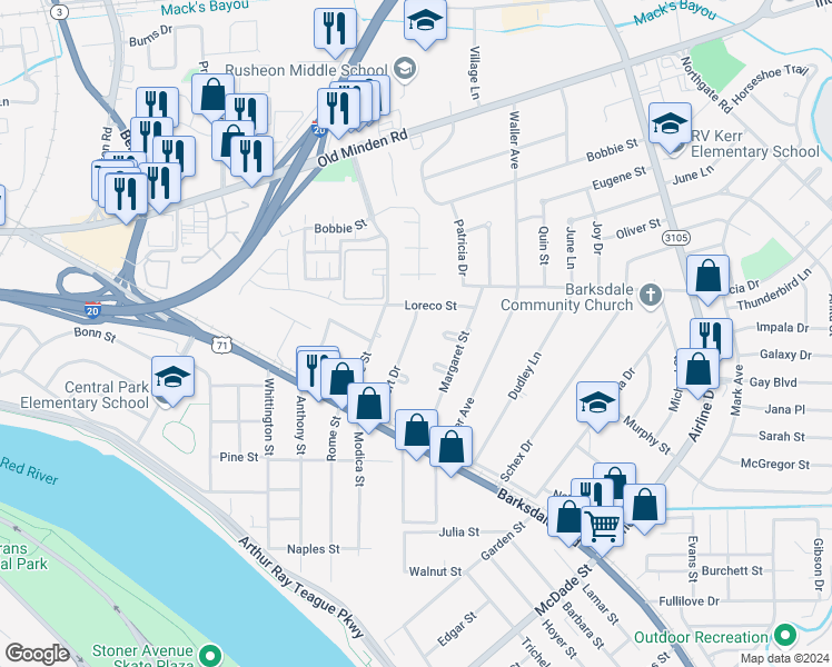 map of restaurants, bars, coffee shops, grocery stores, and more near 1156 Gilbert Drive in Bossier City