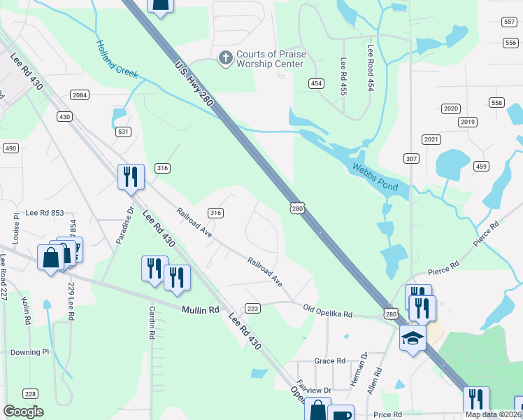 map of restaurants, bars, coffee shops, grocery stores, and more near 238 Lee Road 416 in Smiths Station