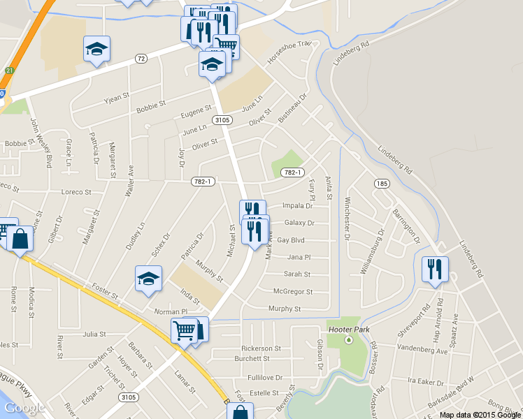 map of restaurants, bars, coffee shops, grocery stores, and more near 1415 Mark Avenue in Bossier City