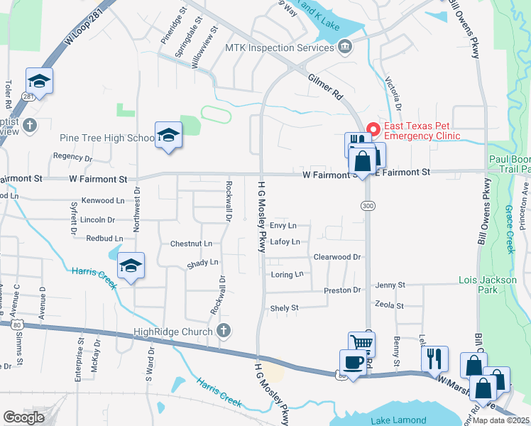 map of restaurants, bars, coffee shops, grocery stores, and more near 1403 H G Mosley Parkway in Longview