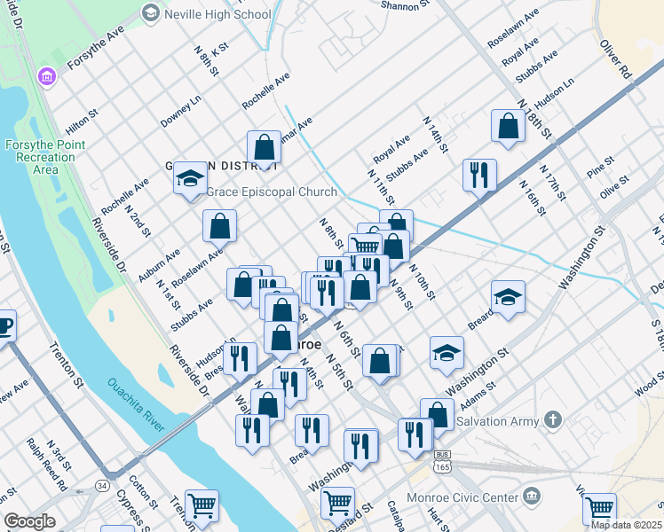 map of restaurants, bars, coffee shops, grocery stores, and more near 1001-1011 North 7th Street in Monroe