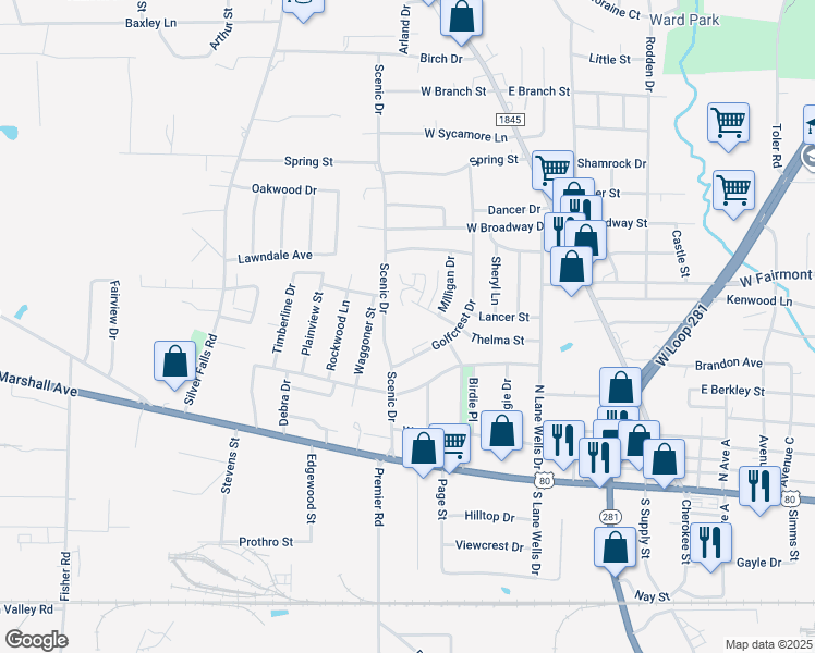 map of restaurants, bars, coffee shops, grocery stores, and more near 502 Scenic Drive in Longview