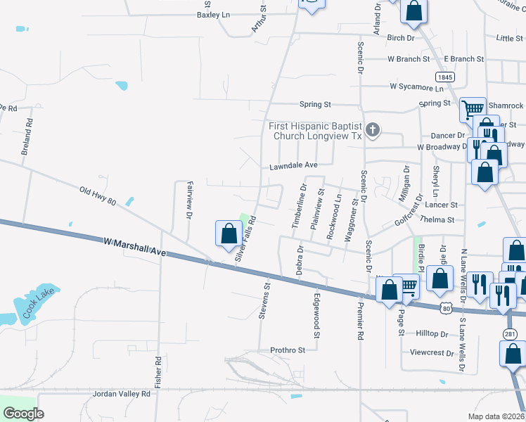 map of restaurants, bars, coffee shops, grocery stores, and more near 108 Jester Circle in Longview