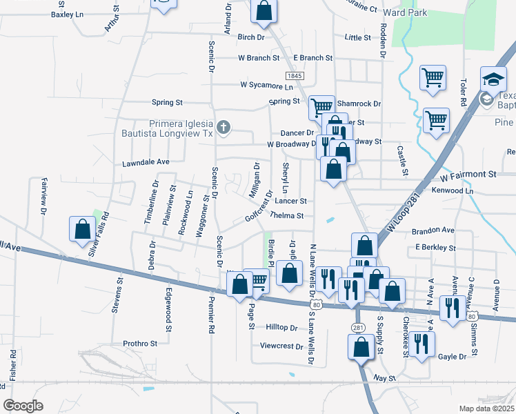map of restaurants, bars, coffee shops, grocery stores, and more near 719 Golfcrest Drive in Longview