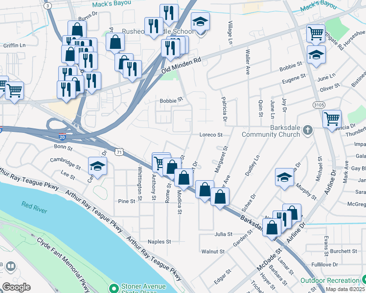 map of restaurants, bars, coffee shops, grocery stores, and more near 1127 Boone Street in Bossier City