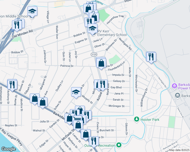 map of restaurants, bars, coffee shops, grocery stores, and more near 1354 Michael Street in Bossier City