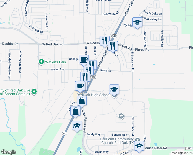 map of restaurants, bars, coffee shops, grocery stores, and more near 206 Texas 342 in Red Oak
