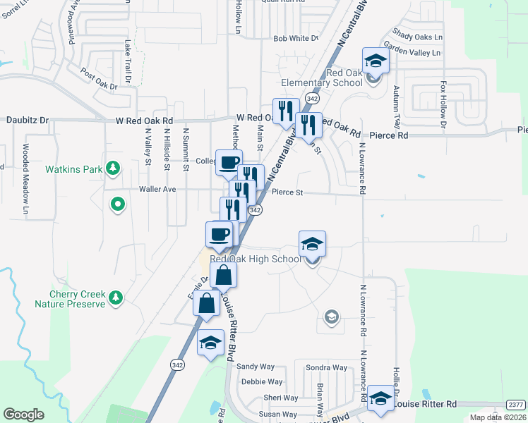map of restaurants, bars, coffee shops, grocery stores, and more near 206 Texas 342 in Red Oak