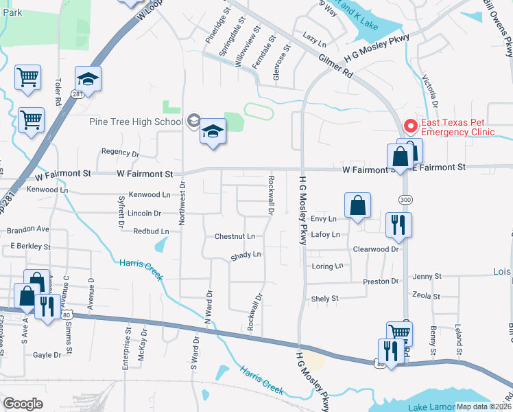 map of restaurants, bars, coffee shops, grocery stores, and more near 1210 Maywood Drive in Longview