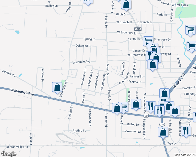 map of restaurants, bars, coffee shops, grocery stores, and more near 510A Rockwood Lane in Longview