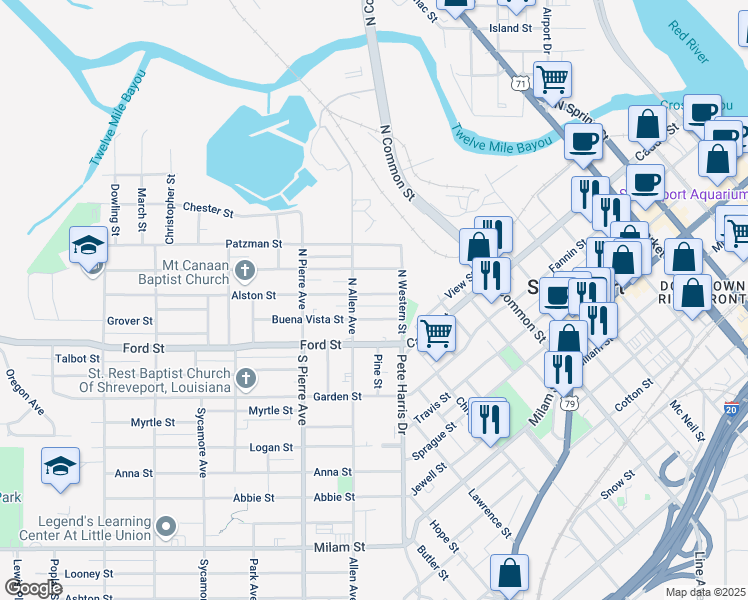 map of restaurants, bars, coffee shops, grocery stores, and more near 1433 Alston Street in Shreveport
