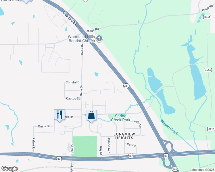 map of restaurants, bars, coffee shops, grocery stores, and more near 26 Cedar Hill Road in Longview