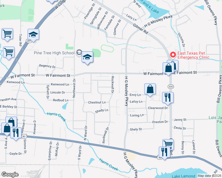 map of restaurants, bars, coffee shops, grocery stores, and more near 1210 Maywood Drive in Longview