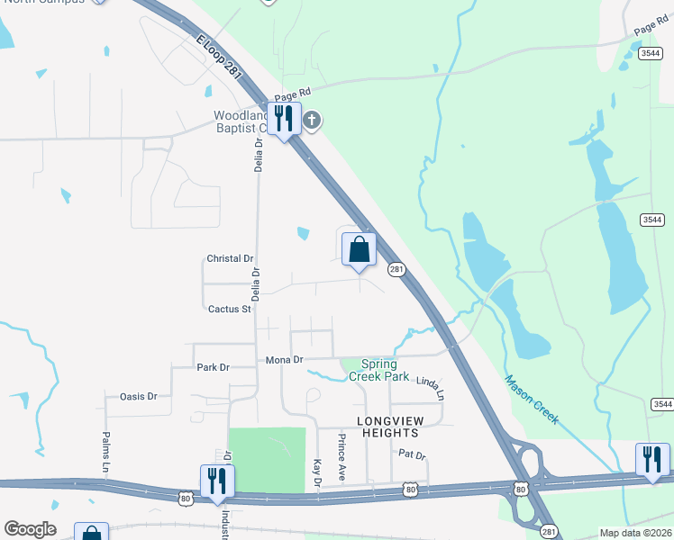 map of restaurants, bars, coffee shops, grocery stores, and more near 26 Cedar Hill Road in Longview
