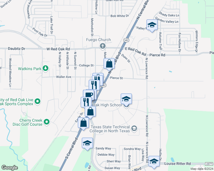 map of restaurants, bars, coffee shops, grocery stores, and more near 206 Texas 342 in Red Oak