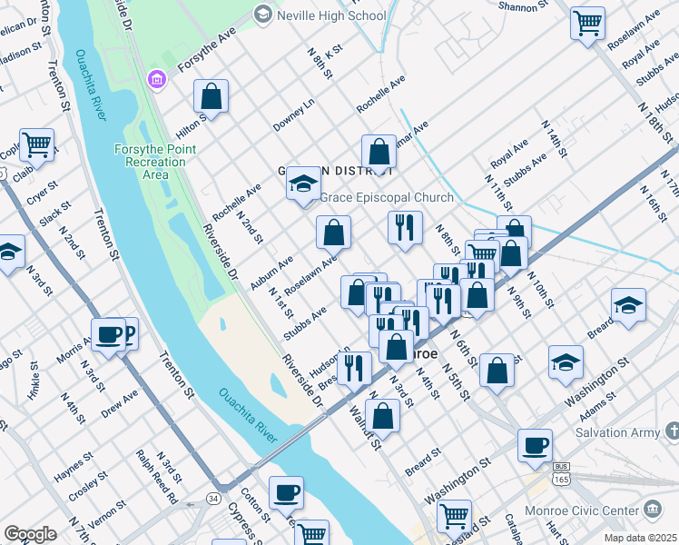 map of restaurants, bars, coffee shops, grocery stores, and more near 1105 N 4th St in Monroe