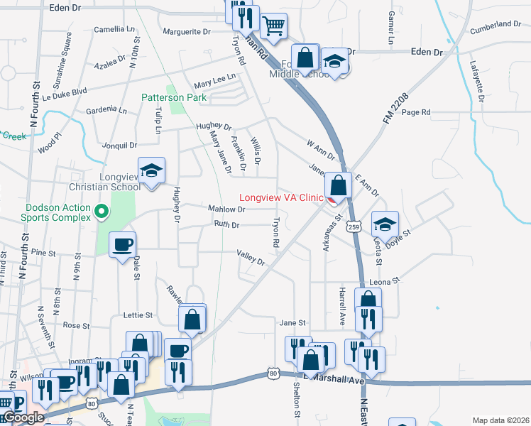 map of restaurants, bars, coffee shops, grocery stores, and more near 1420 Mahlow Drive in Longview