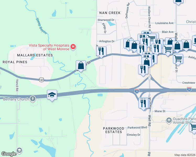 map of restaurants, bars, coffee shops, grocery stores, and more near 216 Del Rey Dr in West Monroe