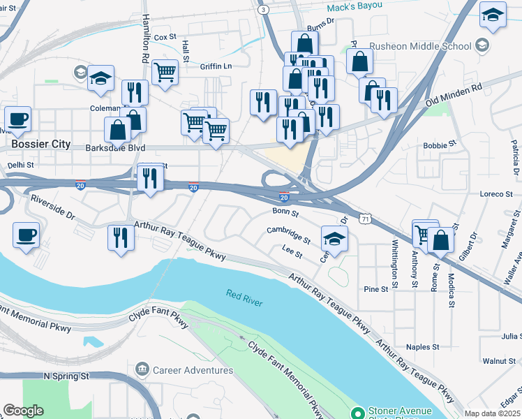map of restaurants, bars, coffee shops, grocery stores, and more near 1819 Bonn Street in Bossier City