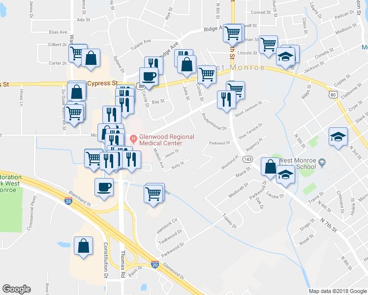 map of restaurants, bars, coffee shops, grocery stores, and more near 204 Jason Drive in West Monroe